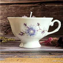 Load image into Gallery viewer, Vintage tea cup candle scented in Blackberry sage with amethyst crystals
