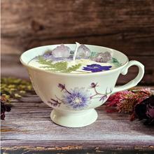 Load image into Gallery viewer, Vintage tea cup candle scented in Blackberry sage with amethyst crystals
