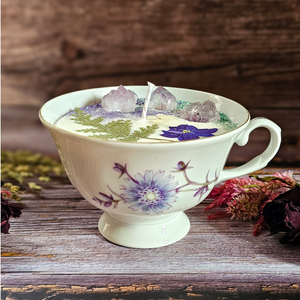 Vintage tea cup candle scented in Blackberry sage with amethyst crystals