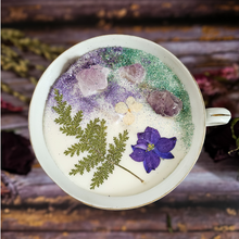 Load image into Gallery viewer, Vintage tea cup candle scented in Blackberry sage with amethyst crystals
