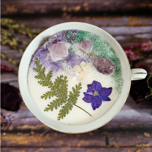 Vintage tea cup candle scented in Blackberry sage with amethyst crystals