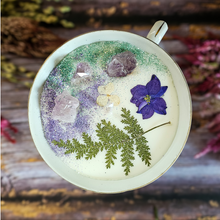 Load image into Gallery viewer, Vintage tea cup candle scented in Blackberry sage with amethyst crystals
