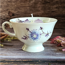 Load image into Gallery viewer, Vintage tea cup candle scented in Blackberry sage with amethyst crystals
