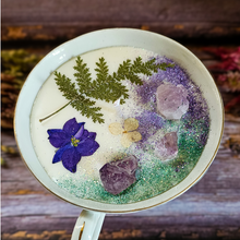 Load image into Gallery viewer, Vintage tea cup candle scented in Blackberry sage with amethyst crystals
