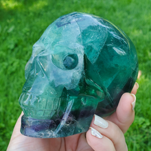 Load image into Gallery viewer, Large rainbow fluorite skull carving 
