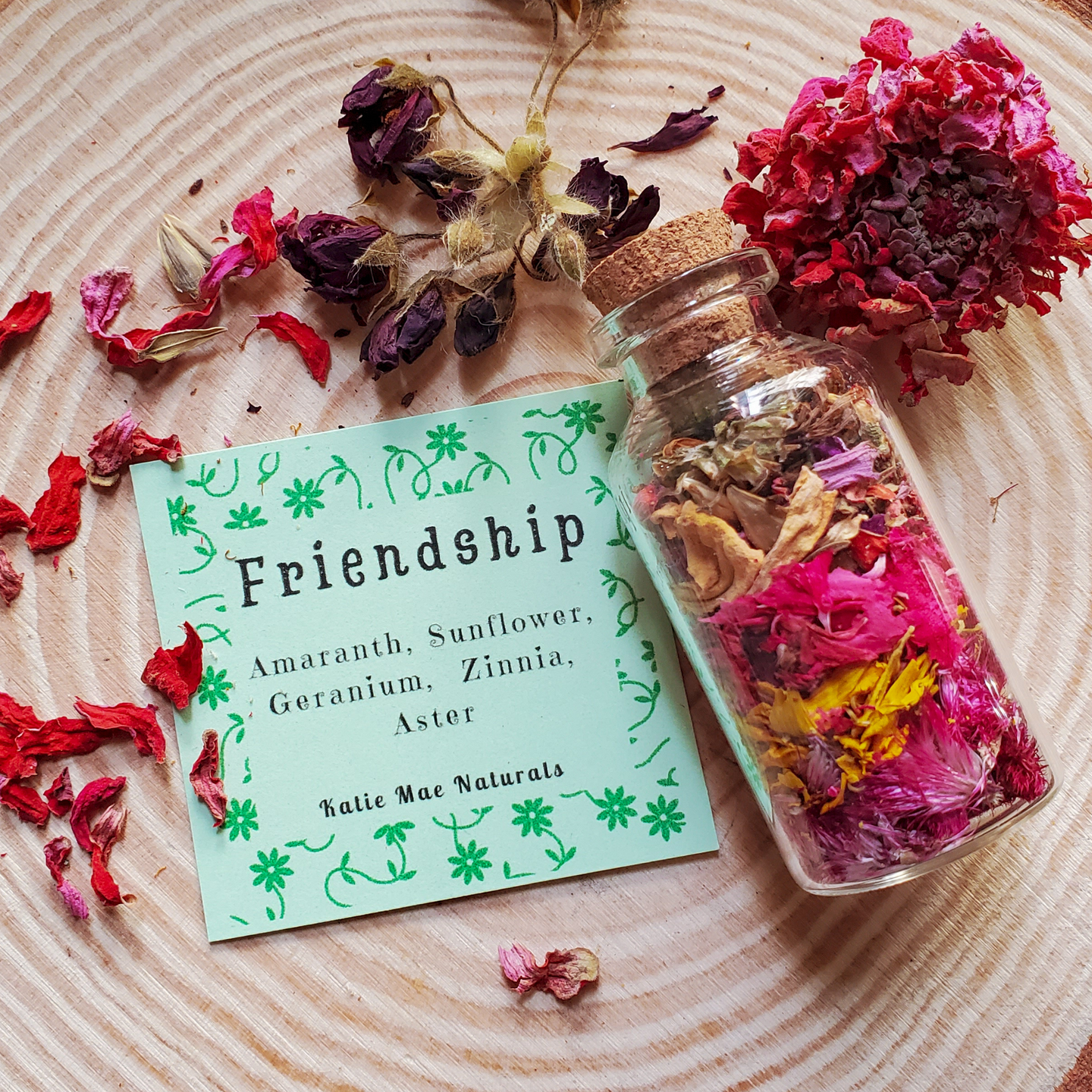 Friendship bottle, dried herbs and flowers with symbolism of friendship