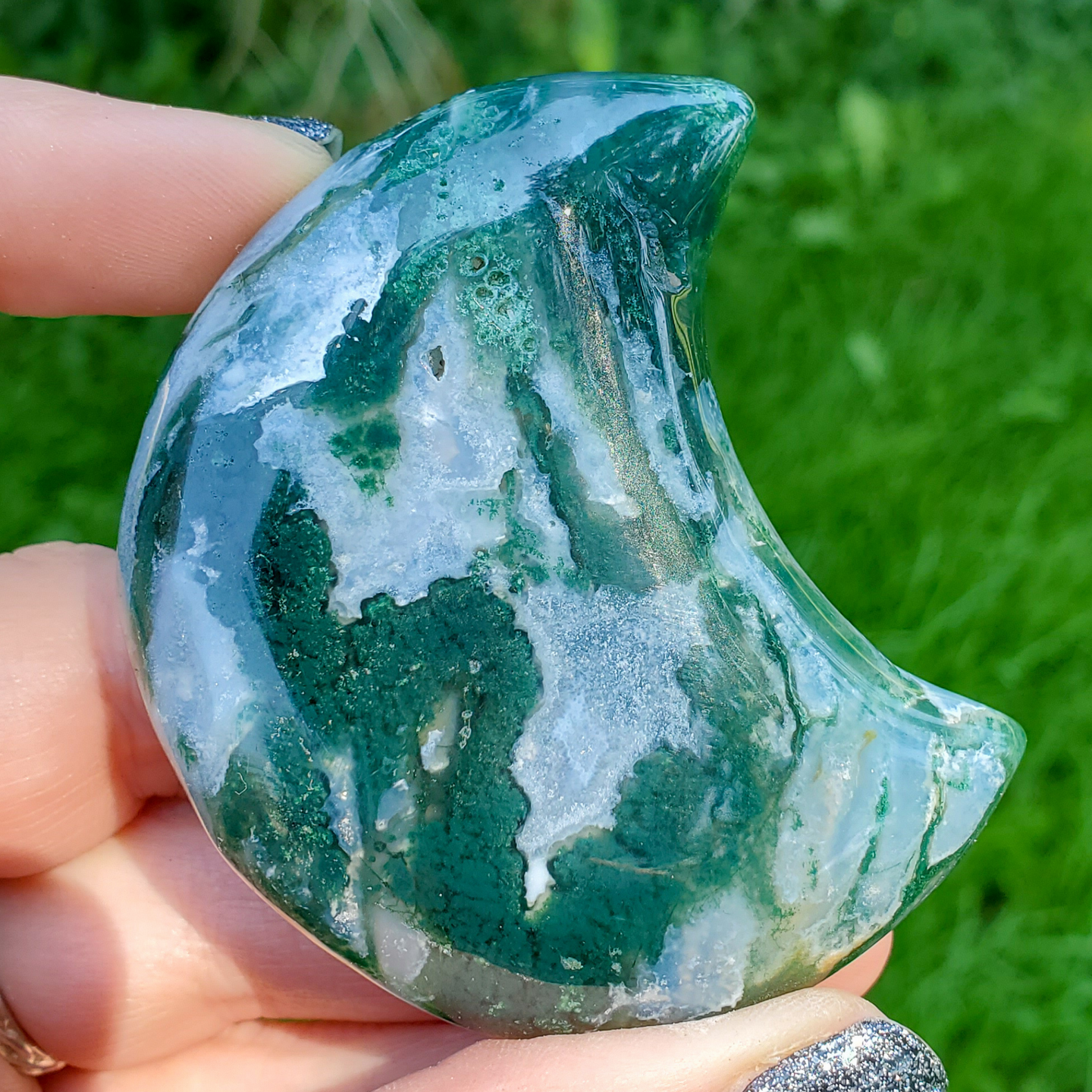 Moss Agate Carved Gemstone Moon - 2.5 inches