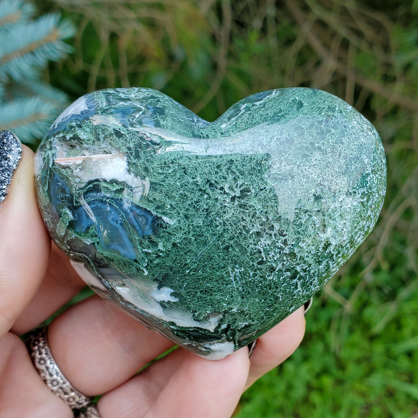 Moss agate carved gemstone heart 