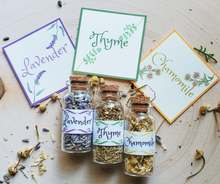Load image into Gallery viewer, mini apothecary herb bottles, lavender, chamomile, and thyme
