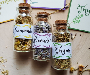 mini apothecary herb bottles, lavender, chamomile, and thyme