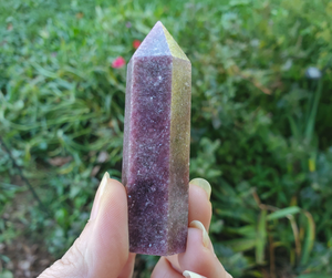 carved lepidolite gemstone point, purple crystal tower