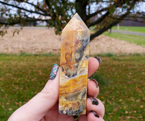 Crazy lace agate point, crystal tower