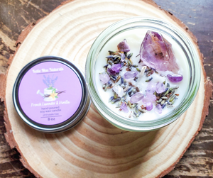 Lavender vanilla eco friendly soy wax candle with crystals 