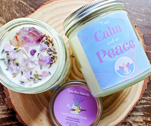 Intention candle, eco friendly soy wax candle with amethyst crystals