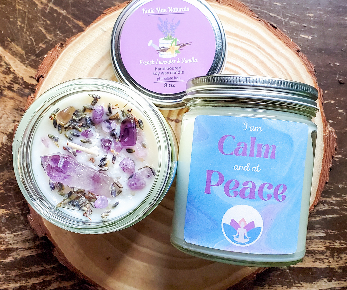 Intention candle, eco friendly soy wax candle with amethyst crystals