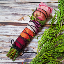 Load image into Gallery viewer, Cedar smudge stick with roses
