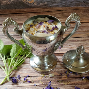 Wellness intention candle poured in a  vintage sugar bowl