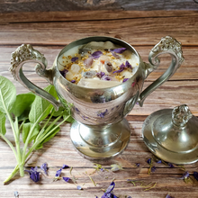 Load image into Gallery viewer, Wellness intention candle poured in a  vintage sugar bowl
