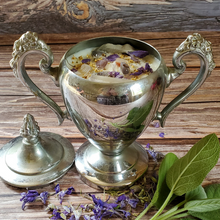 Load image into Gallery viewer, Wellness intention candle poured in a  vintage sugar bowl
