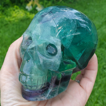 Load image into Gallery viewer, Large rainbow fluorite skull carving 
