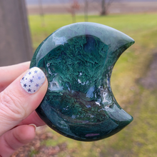 Load image into Gallery viewer, Moss Agate Moon Carving - 3 inch

