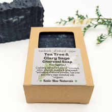 Load image into Gallery viewer, Zero waste charcoal face soap with tea tree and clary sage 
