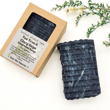Load image into Gallery viewer, Zero waste charcoal face soap with tea tree and clary sage essential oils 
