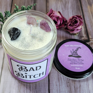 Bad bitch hand poured soy wax candle with crystals 