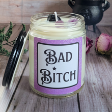 Load image into Gallery viewer, Bad bitch soy wax candle with amethyst crystals 
