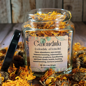 Organic dried Calendula flowers in Apothecary jar