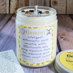 Gemini candle with lavender and tigers eye gemstones