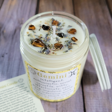 Load image into Gallery viewer, Hand poured soy wax candle with crystals for zodiac sign gemini
