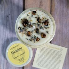 Load image into Gallery viewer, Hand poured soy wax candle with crystals for zodiac sign gemini 

