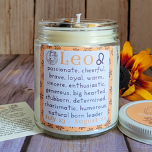 Load image into Gallery viewer, Hand poured soy wax candle with crystals for zodiac sign Leo 
