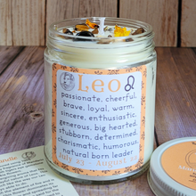 Load image into Gallery viewer, Hand poured soy wax candle with crystals for zodiac sign Leo 
