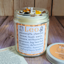Load image into Gallery viewer, Leo soy wax candle with tigers eye crystals 
