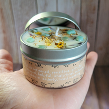 Load image into Gallery viewer, Hand poured soy wax candle with crystals for zodiac sign virgo 
