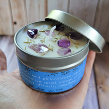 Load image into Gallery viewer, Hand poured soy wax candle with crystals for zodiac sign aquarius 
