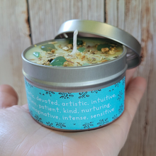 Load image into Gallery viewer, Hand poured soy wax candle with crystals for zodiac sign pisces 
