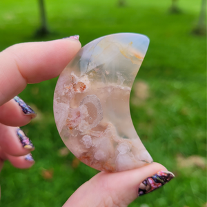 Flower Agate Moon - Carved Gemstone Crescent Moon - 2 inches