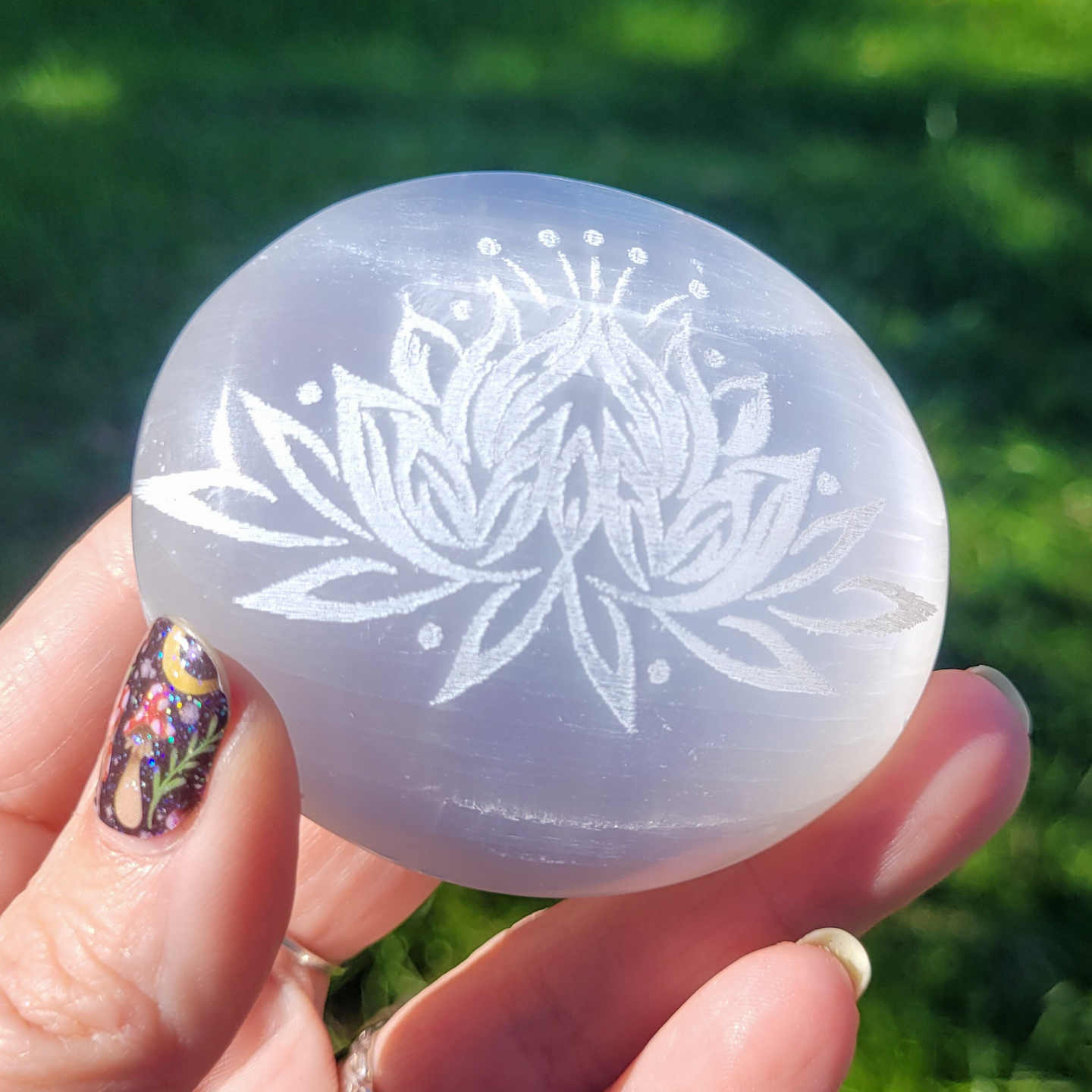 Selenite Palm Stone with Etched Lotus Flower