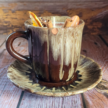 Load image into Gallery viewer, Vintage Pottery Tea Cup Candle with Saucer (Mulled Cider)
