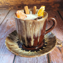 Load image into Gallery viewer, Vintage Pottery Tea Cup Candle with Saucer (Mulled Cider)

