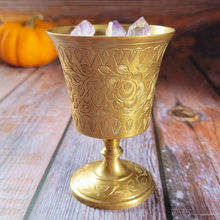 Load image into Gallery viewer, Vintage Brass Floral Chalice Candle (Spiced Pumpkin Latte)
