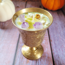 Load image into Gallery viewer, Vintage Brass Floral Chalice Candle (Spiced Pumpkin Latte)
