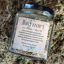 Load image into Gallery viewer, Apothecary jar of dried organic Mugwort 
