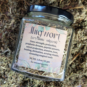 Apothecary jar of dried organic Mugwort 