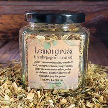 Load image into Gallery viewer, Apothecary jar of organic dried Lemongrass 
