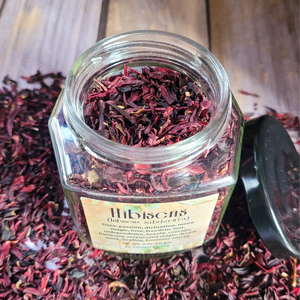 Apothecary jar of organic Hibiscus flowers 