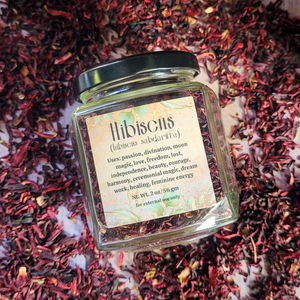 Apothecary jar of organic dried Hibiscus flowers 